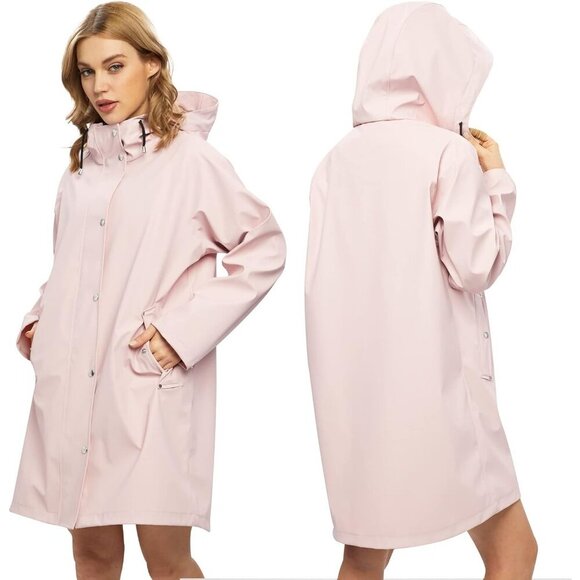Women’s Upgrade Pink Waterproof Rain Jackets Hooded Long Raincoat & Windbreaker - Picture 2 of 5